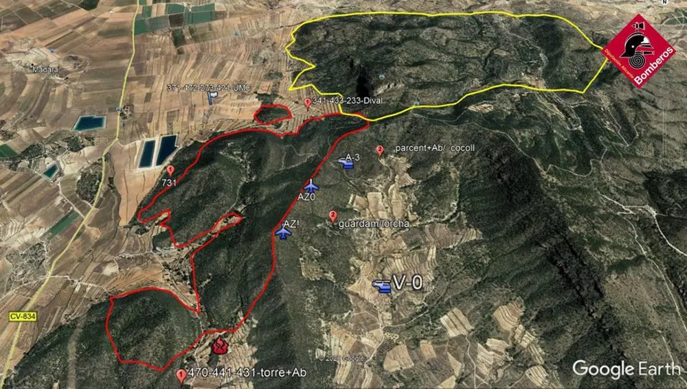 Delimitación área afectada por el incendio forestal de Monóvar. Delimitación área afectada por el incendio forestal de Monóvar.
