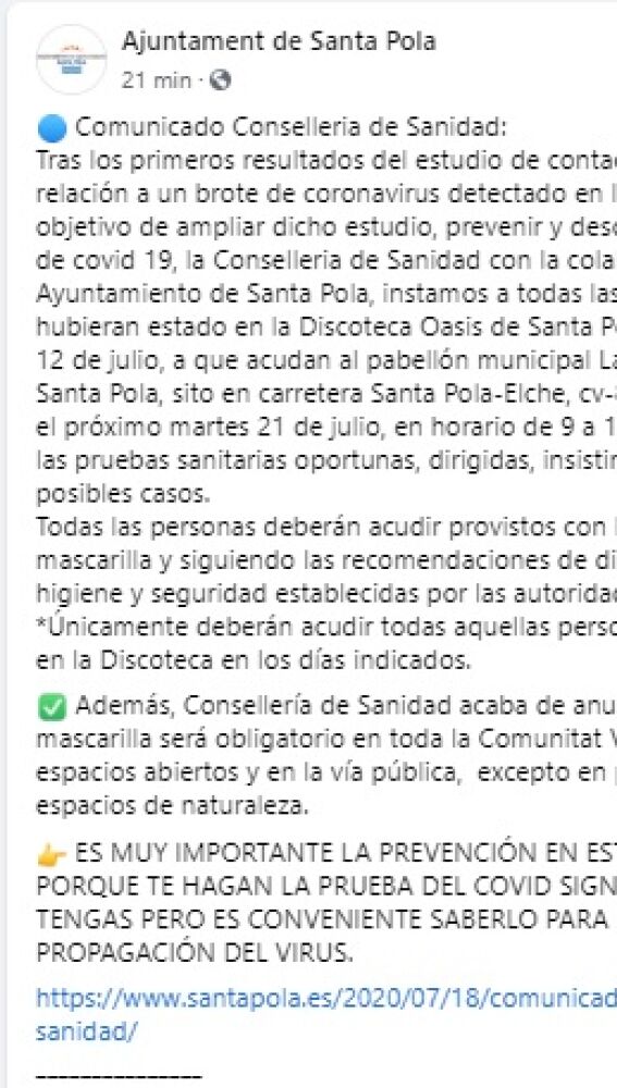 Comunicado del Ayuntamiento de Santa Pola.