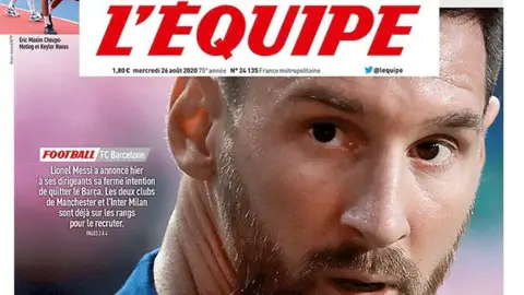 Leo Messi, en la portada de L'Equipe. Leo Messi, en la portada de L'Equipe.