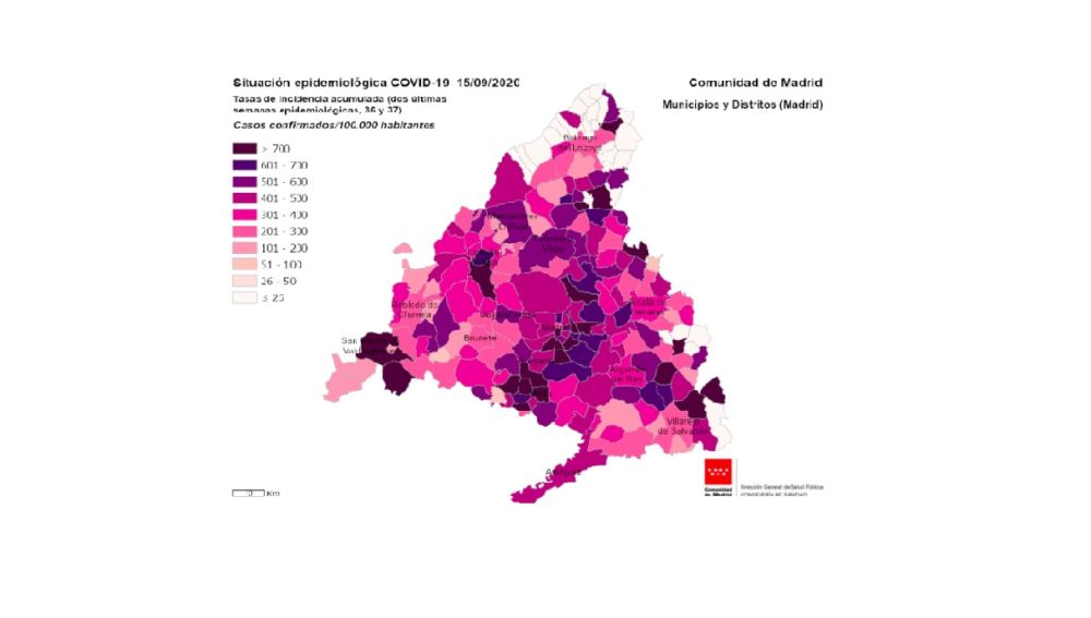 Mapa con la situación epidemiológica del coronavirus en la Comunidad de Madrid
