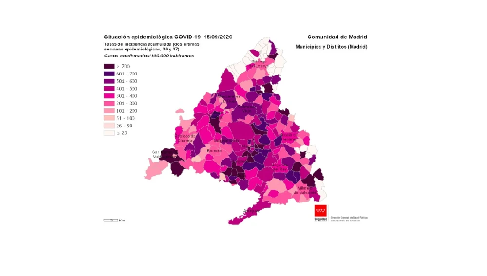Mapa con la situación epidemiológica del coronavirus en la Comunidad de Madrid Mapa con la situación epidemiológica del coronavirus en la Comunidad de Madrid