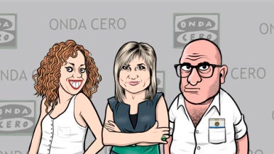 Caricatura de Raquel Martos, Julia Otero y Pedro Vera
