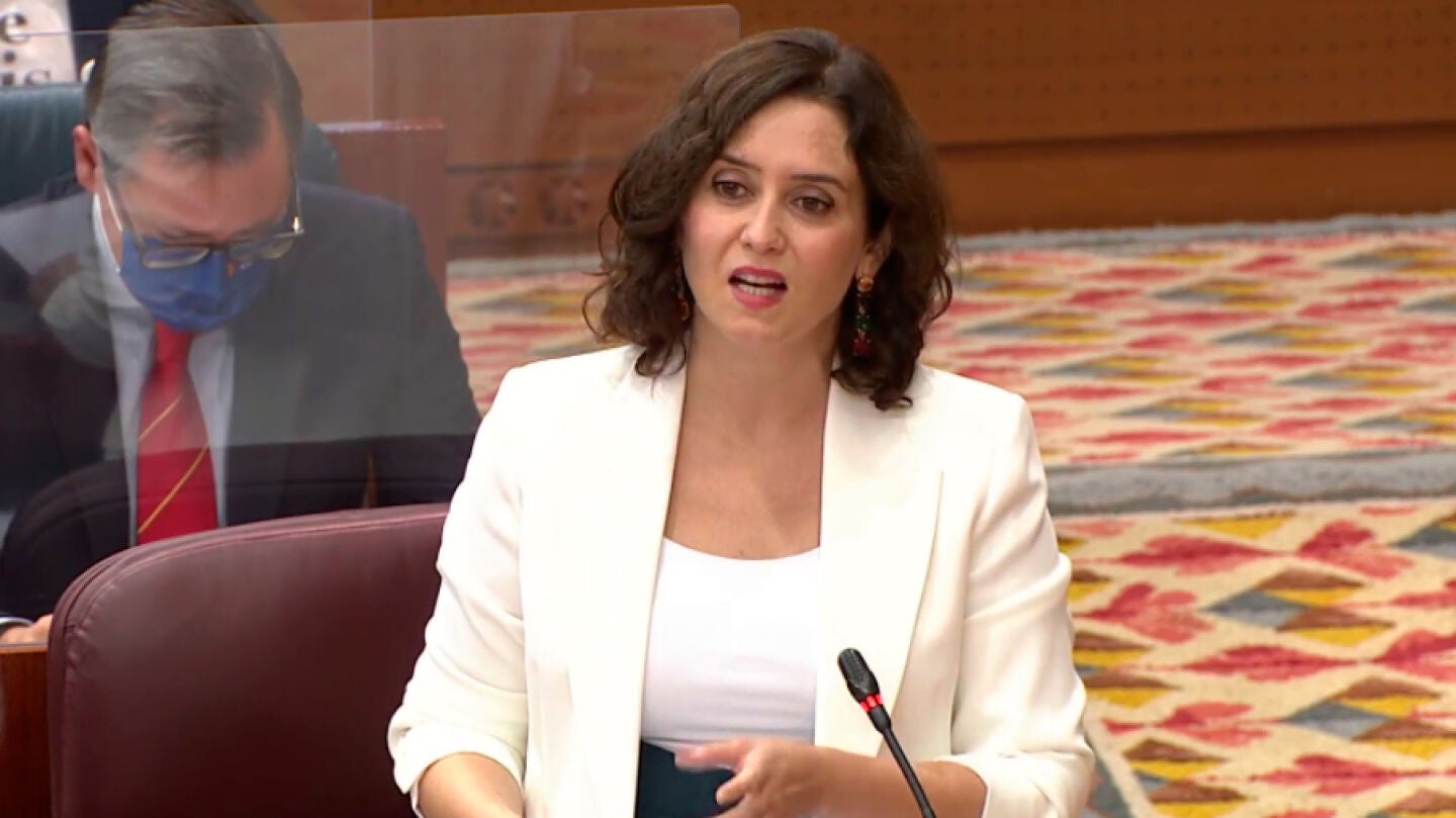 La presidenta de la Comunidad de Madrid, ,Isabel Diaz Ayuso, durante su intervenci&oacute;n en la asamblea de Madrid