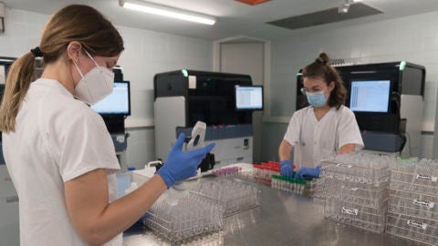 Personal de laboratori analitzant proves PCR. Personal de laboratori analitzant proves PCR.