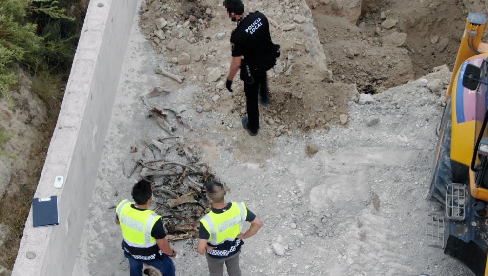 Agentes de la policía junto a restos óseos de animales encontrados en la finca del detenido en Elche.