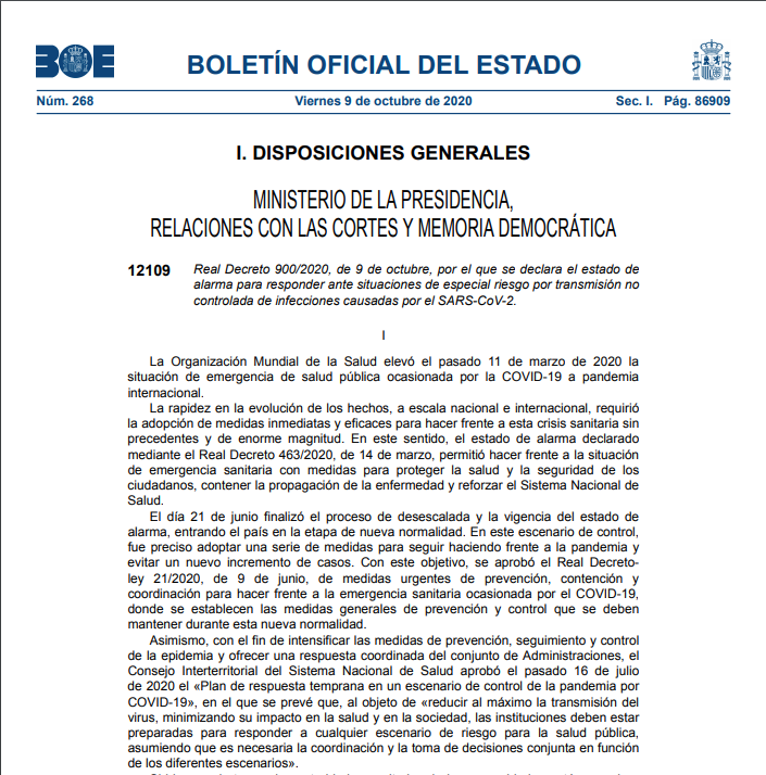 El BOE por el que entra en vigor el estado de alarma en Madrid ya está publicado El BOE por el que entra en vigor el estado de alarma en Madrid ya está publicado