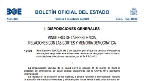 BOE que hace efectivo el estado de alarma en 9 municipios de Madrid