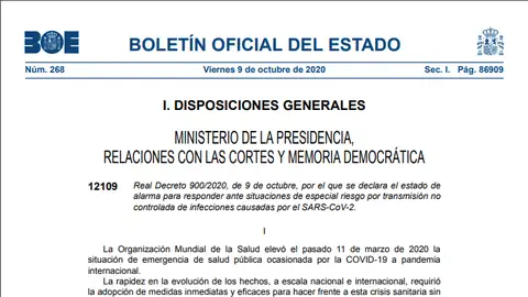 BOE que hace efectivo el estado de alarma en 9 municipios de Madrid BOE que hace efectivo el estado de alarma en 9 municipios de Madrid