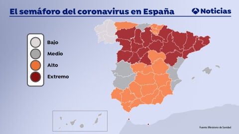 Sem&aacute;foro del coronavirus: estos son los niveles de alerta en cada comunidad aut&oacute;noma seg&uacute;n lo nuevos criterios de Sanidad