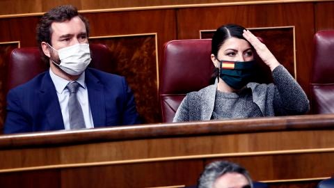 El portavoz parlamentario de Vox, Iv&aacute;n de Espinosa de los Monteros, y la diputada Macarena Olona