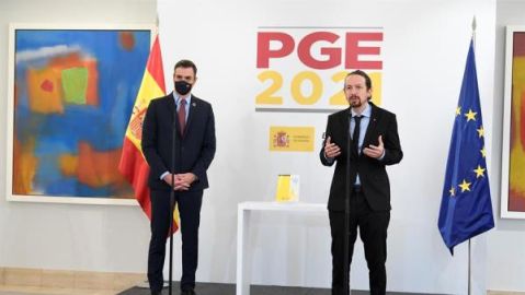 Pedro Sánchez y Pablo Iglesias durante la presentación del proyecto de Presupuestos Generales del Estado 2021