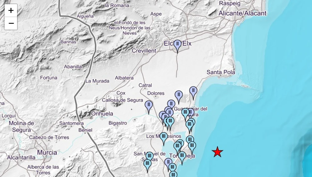 Mapa de intensidades del terremoto registrado en Torrevieja.