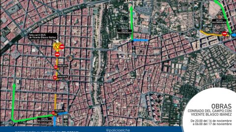 Plano de las calles en las que se va a cortar el tráfico en Elche. Plano de las calles en las que se va a cortar el tráfico en Elche.