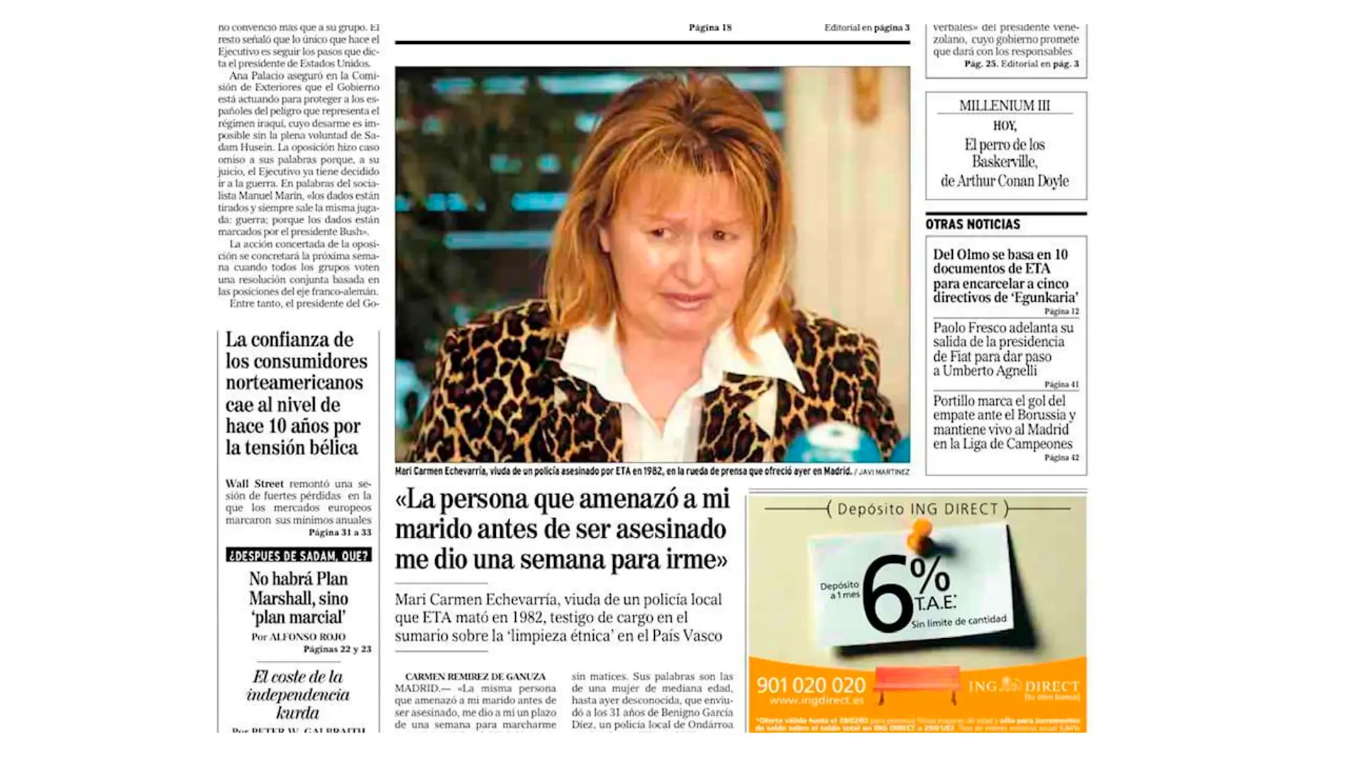 Detalle de la portada del diario El Mundo en la que se cuenta la historia de Mari Carmen Echevarría