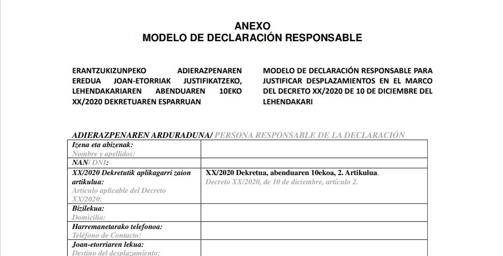 Así es el salvoconducto para desplazamientos por reuniones familiares en Navidad en el País Vasco Así es el salvoconducto para desplazamientos por reuniones familiares en Navidad en el País Vasco
