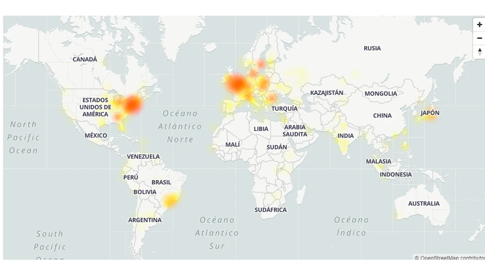 El mapa de la caída de Google según DownDetector