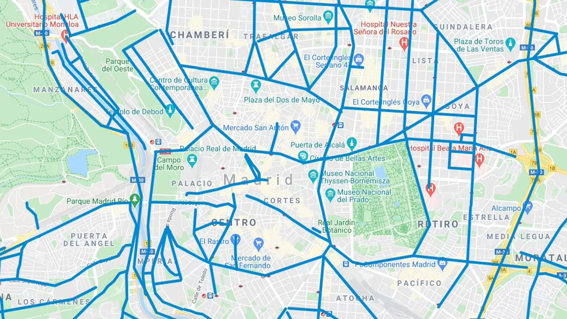 Mapa de calles cortadas y calles limpias en Madrid hoy en tiempo real