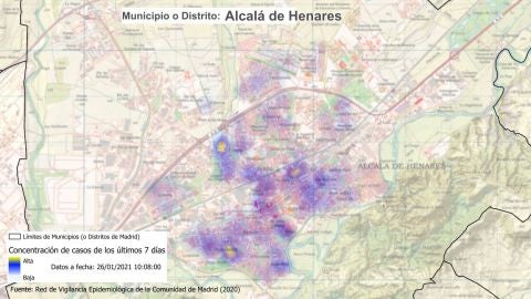 Mapa de distribuci&oacute;n de coronavirus en Alcal&aacute; de Henares