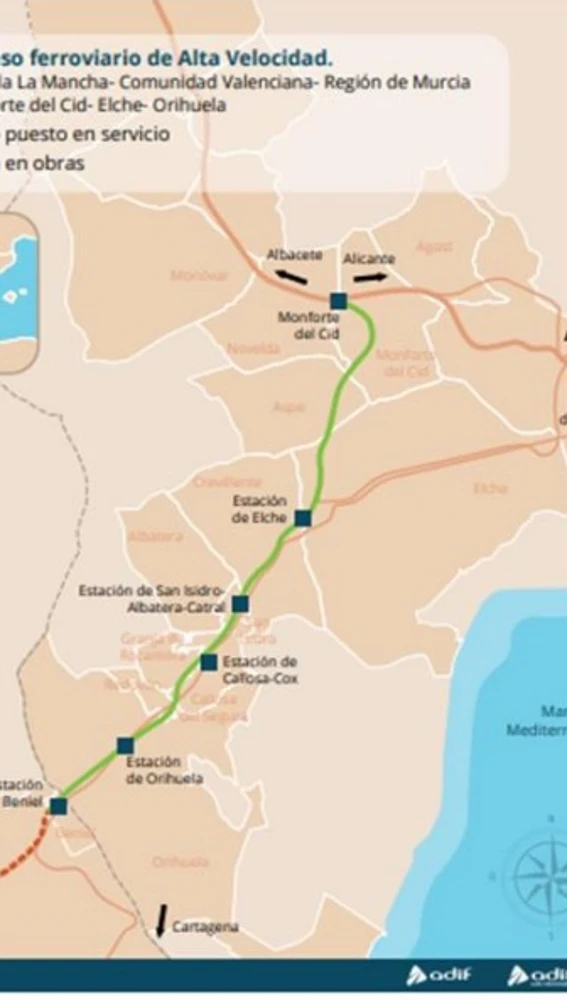 Trazado de la línea del AVE Madrid-Elche-Orihuela-Región de Mucia.