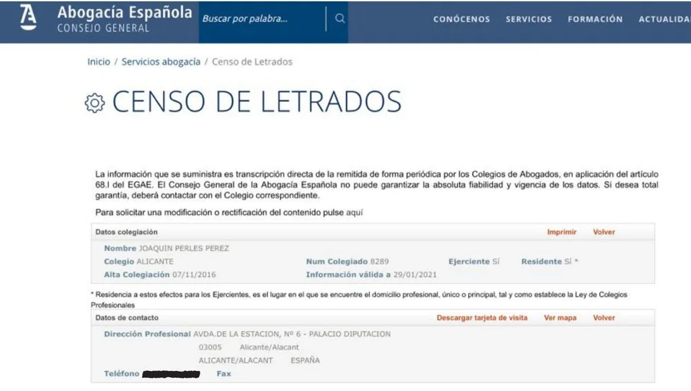 Registro donde aparece la dirección del Palacio Provincial como despacho de Ximo Perles