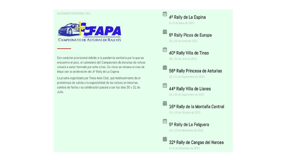 Calendario provisional del Campeonato de Asturias rallyes para el 2021 Calendario provisional del Campeonato de Asturias rallyes para el 2021
