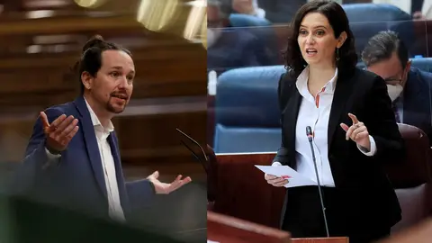 A la izquierda, Pablo Iglesias, a la derecha, Isabel Díaz Ayuso en imágenes de archivo. A la izquierda, Pablo Iglesias, a la derecha, Isabel Díaz Ayuso en imágenes de archivo.