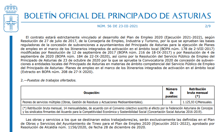El Ayuntamiento de Tineo contratará a 6 peones El Ayuntamiento de Tineo contratará a 6 peones