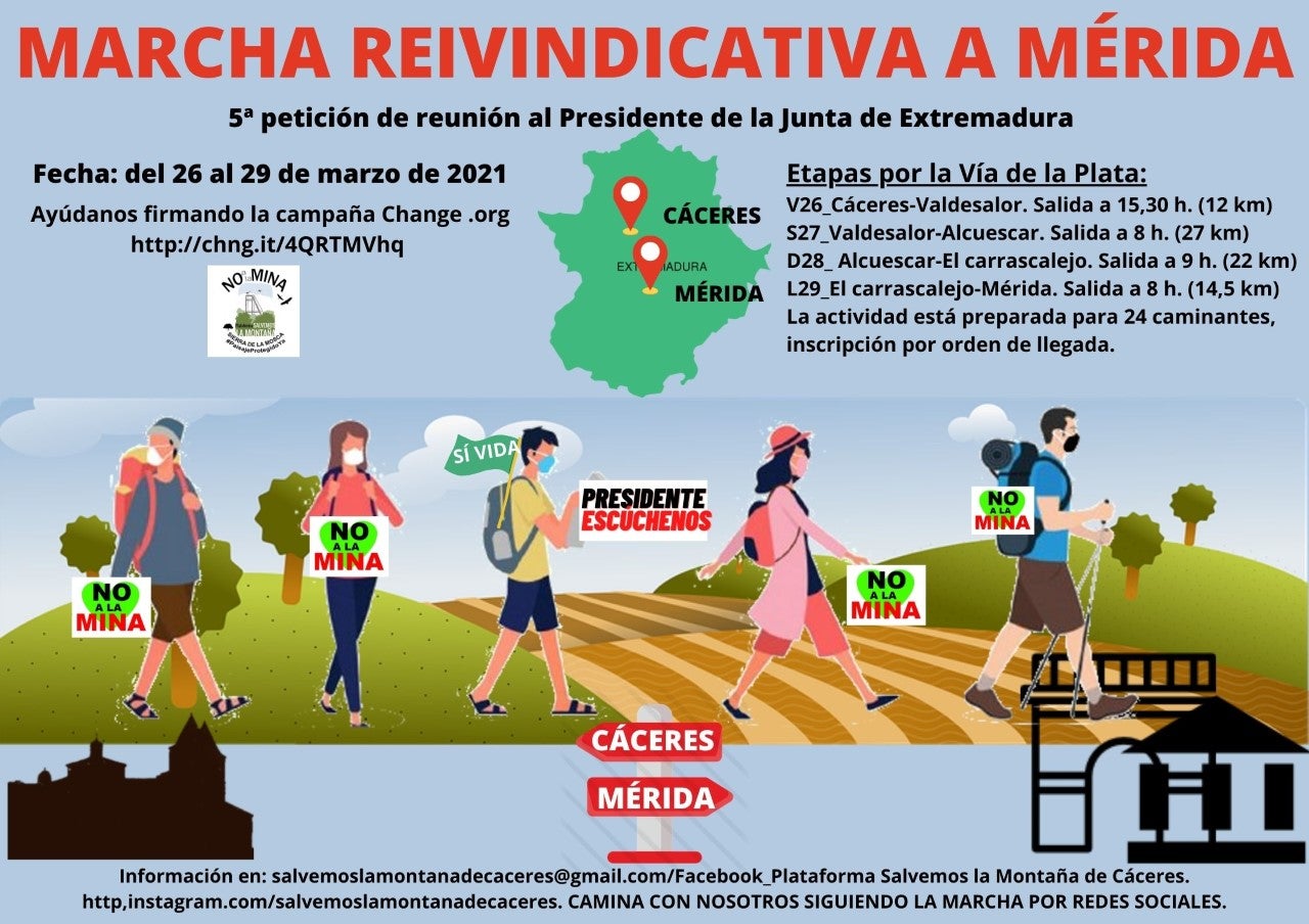 La Plataforma Salvemos la Montaña de Cáceres organiza una MARCHA REIVINDICATIVA A MÉRIDA para solicitar, de nuevo, al presidente de la Junta de Extremadura que se reúna con ellos La Plataforma Salvemos la Montaña de Cáceres organiza una MARCHA REIVINDICATIVA A MÉRIDA para solicitar, de nuevo, al presidente de la Junta de Extremadura que se reúna con ellos