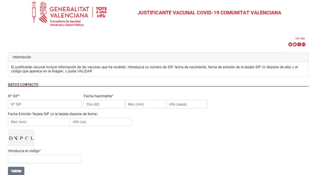 Página web de la Conselleria de Sanidad en la que se obtiene el justificante de vacunación.