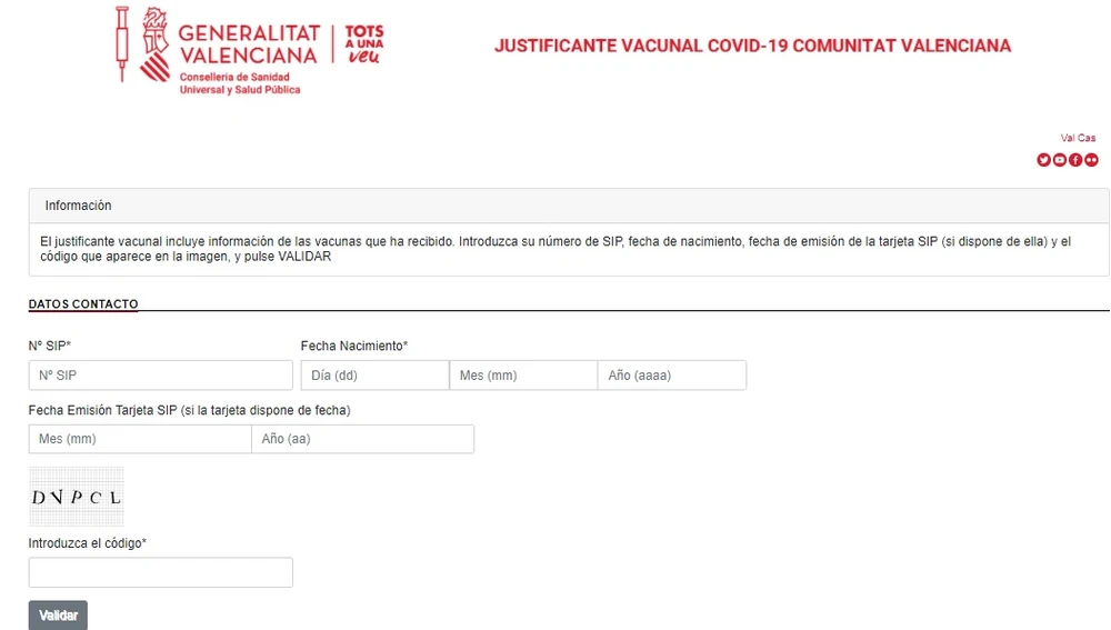 Página web de la Conselleria de Sanidad en la que se obtiene el justificante de vacunación. Página web de la Conselleria de Sanidad en la que se obtiene el justificante de vacunación.