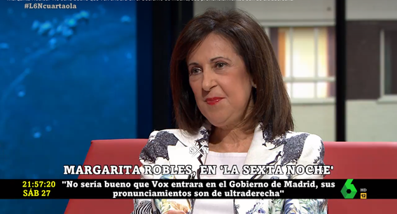 Margarita Robles, sobre una posible entrada de Vox al Gobierno de Madrid: "España necesita unos posicionamientos que no estén radicalizados" Margarita Robles, sobre una posible entrada de Vox al Gobierno de Madrid: "España necesita unos posicionamientos que no estén radicalizados"