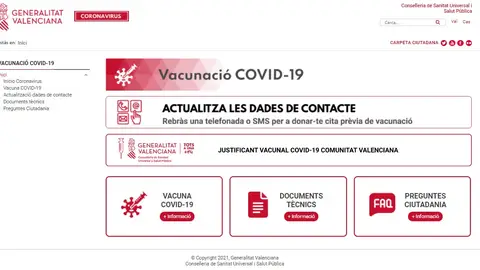 Página web de la Conselleria de Sanidad con apartado para obtener el justificante vacunal de la covid-19. Página web de la Conselleria de Sanidad con apartado para obtener el justificante vacunal de la covid-19.