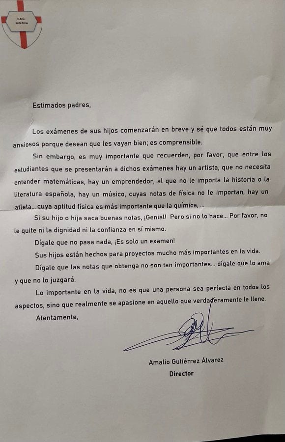 La viral carta de un director a los padres de sus alumnos: "No les quitéis la confianza" La viral carta de un director a los padres de sus alumnos: "No les quitéis la confianza"