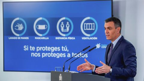 El presidente del Gobierno, Pedro S&aacute;nchez, en rueda de prensa tras la reuni&oacute;n del Consejo de Ministros, este martes en el Palacio de la Moncloa