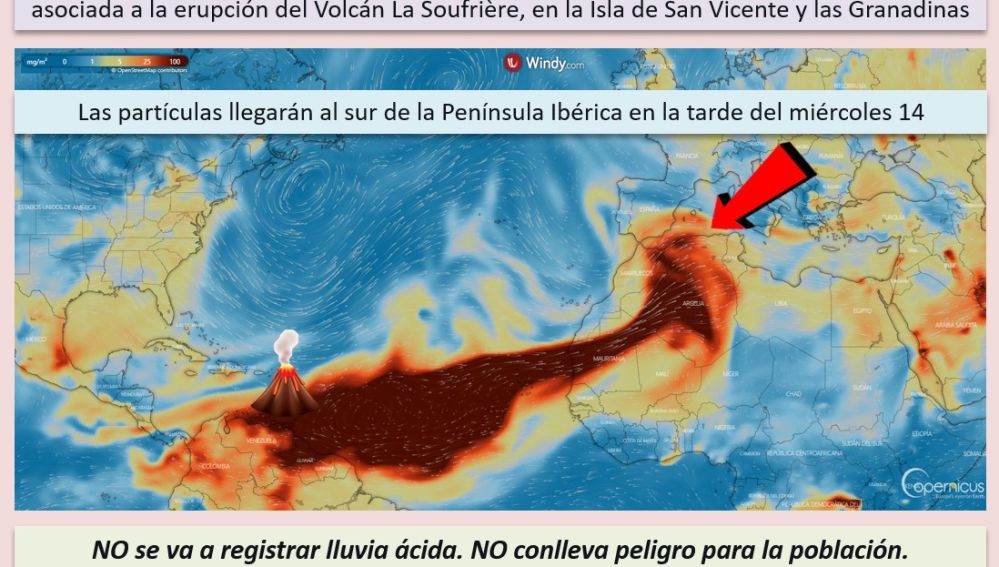 Tras la erupción de un volcán en las islas caribe una nube en altura nos trae ácido sulfúrico sin riesgo para la población Tras la erupción de un volcán en las islas caribe una nube en altura nos trae ácido sulfúrico sin riesgo para la población