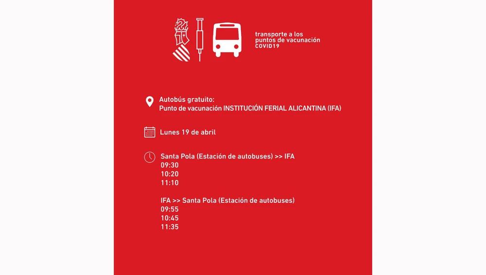 Horario transportes público a IFA desde Santa Pola con motivo de la campaña de vacunación masiva contra la covid-19. 