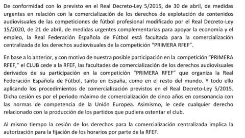 Carta de la Federación para cesión derechos TV a clubes Primera Federación
