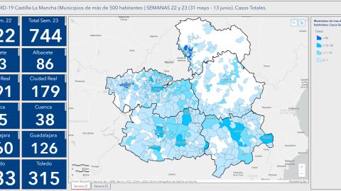 N&uacute;mero de contagios por provincias de Castilla-La Mancha las dos &uacute;ltimas semanas