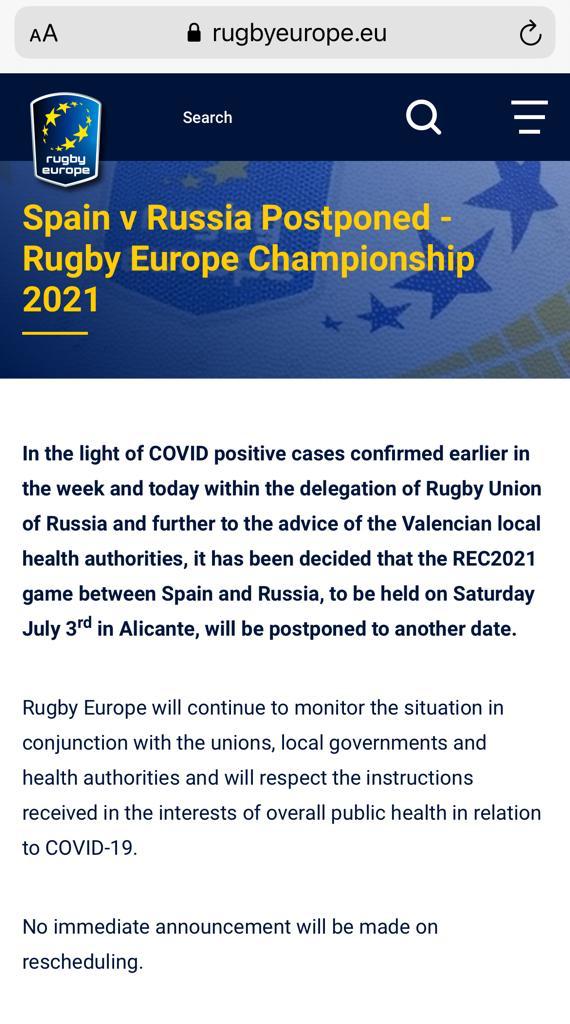 La Federación Europea de Rugby aplaza por COVID el Rusia-España que se iba a disputar el sábado en La Vila Joiosa La Federación Europea de Rugby aplaza por COVID el Rusia-España que se iba a disputar el sábado en La Vila Joiosa