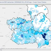 Mapa de CLM con la evolución del covid por provincias durante las dos últimas semanas Mapa de CLM con la evolución del covid por provincias durante las dos últimas semanas
