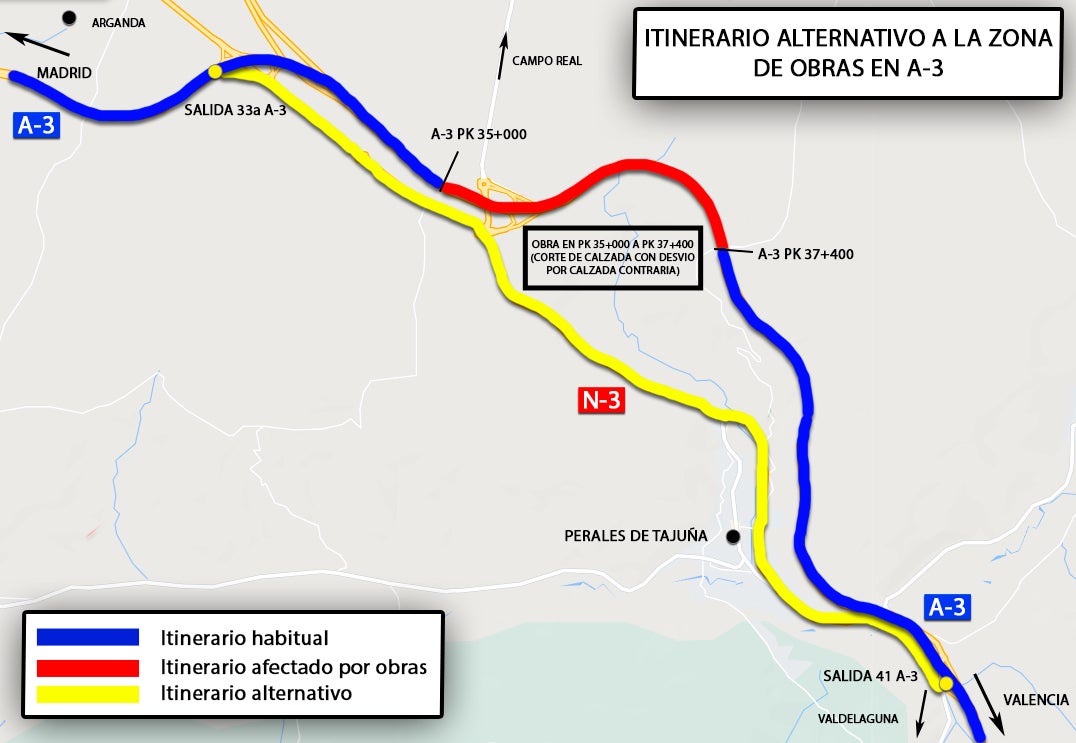 Cambios importantes en la A3 por obras, sentido Valencia, hasta el 8 de octubre Cambios importantes en la A3 por obras, sentido Valencia, hasta el 8 de octubre