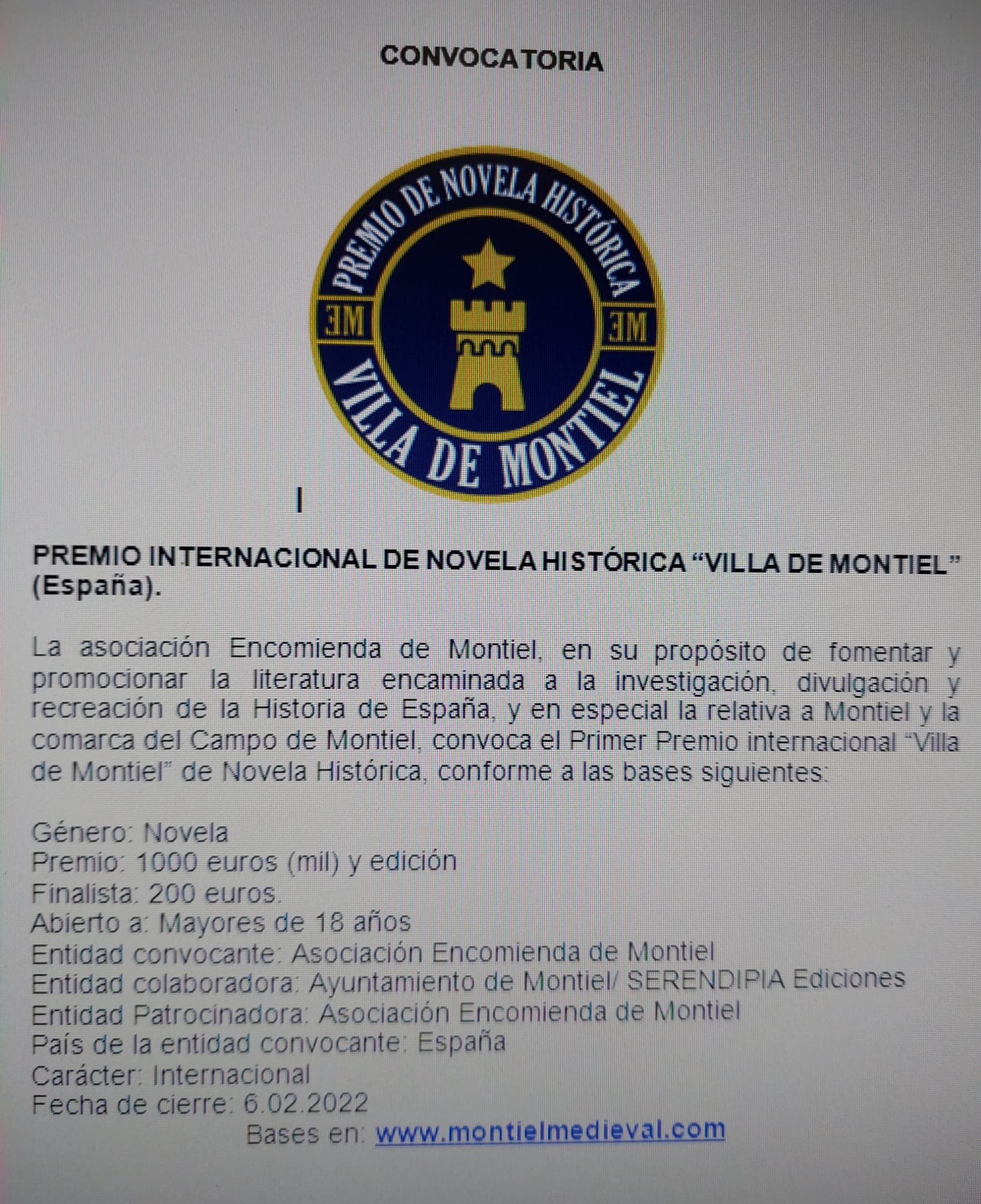 El Concurso Internacional de Novela Histórica de Montiel es ya un éxito de participación El Concurso Internacional de Novela Histórica de Montiel es ya un éxito de participación