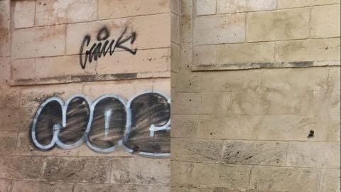 Trabajo de limpieza de grafitis desarrollada por EMAYA en el puente situado en la zona de los institutos de Palma