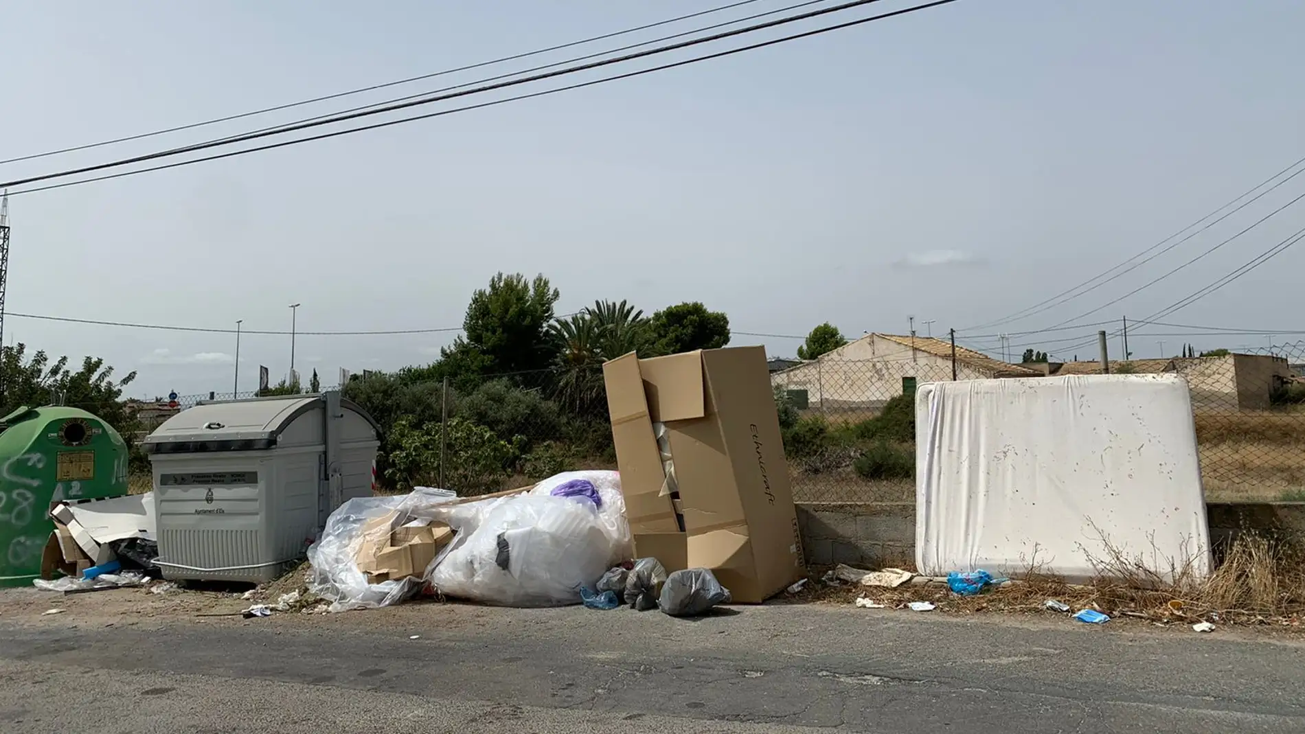 Residuos acumulados junto a un contenedor de basura en un camino del camp d'Elx.
