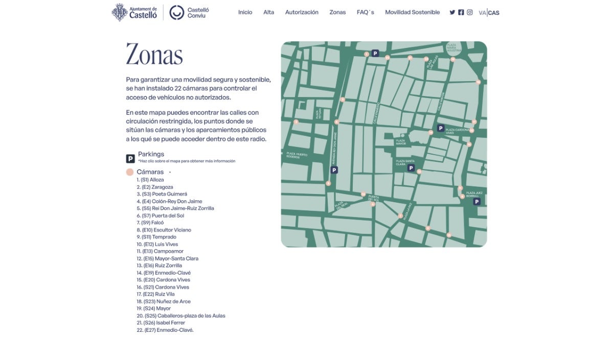La web de ‘Castelló Conviu’ muestra la ubicación de las 22 cámaras de acceso al núcleo histórico La web de ‘Castelló Conviu’ muestra la ubicación de las 22 cámaras de acceso al núcleo histórico
