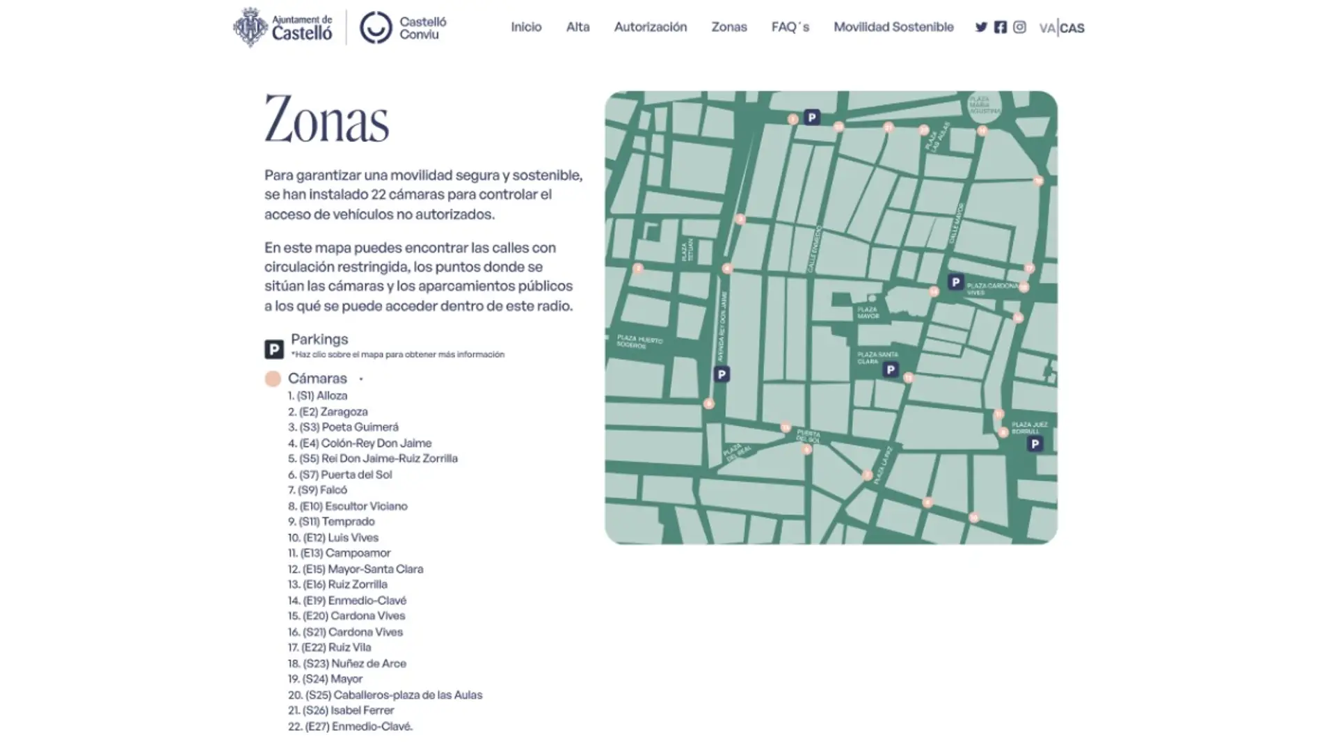 La web de ‘Castelló Conviu’ muestra la ubicación de las 22 cámaras de acceso al núcleo histórico