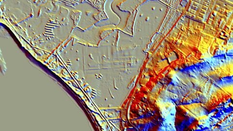Mapa aéreo de Cádiz donde se podrían localizar las estructuras del templo de Melkart Mapa aéreo de Cádiz donde se podrían localizar las estructuras del templo de Melkart