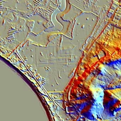 Mapa aéreo de Cádiz donde se podrían localizar las estructuras del templo de Melkart Mapa aéreo de Cádiz donde se podrían localizar las estructuras del templo de Melkart