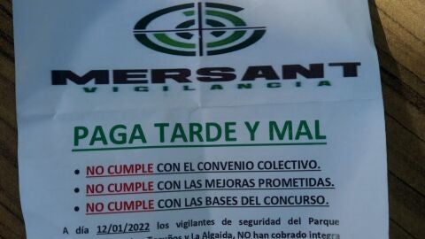 Panfleto repartido por los vigilantes