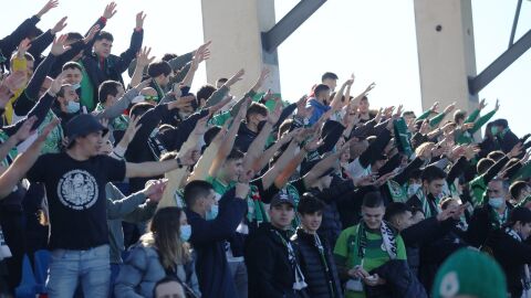 Ambiente grada en Reina Sof&iacute;a, aficionados del Racing.